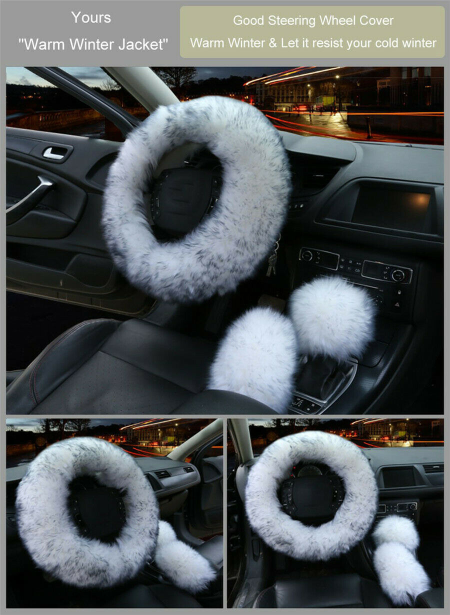 1 Set Long Plush Fur Fluffy Thick Car Steering Wheel Cover Gear Knob Brake Cover