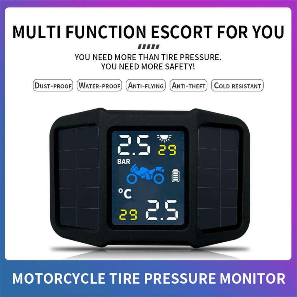 Motorcycle Tire Pressure Monitoring System TPMS Solar Power w/ 2 External Sensor