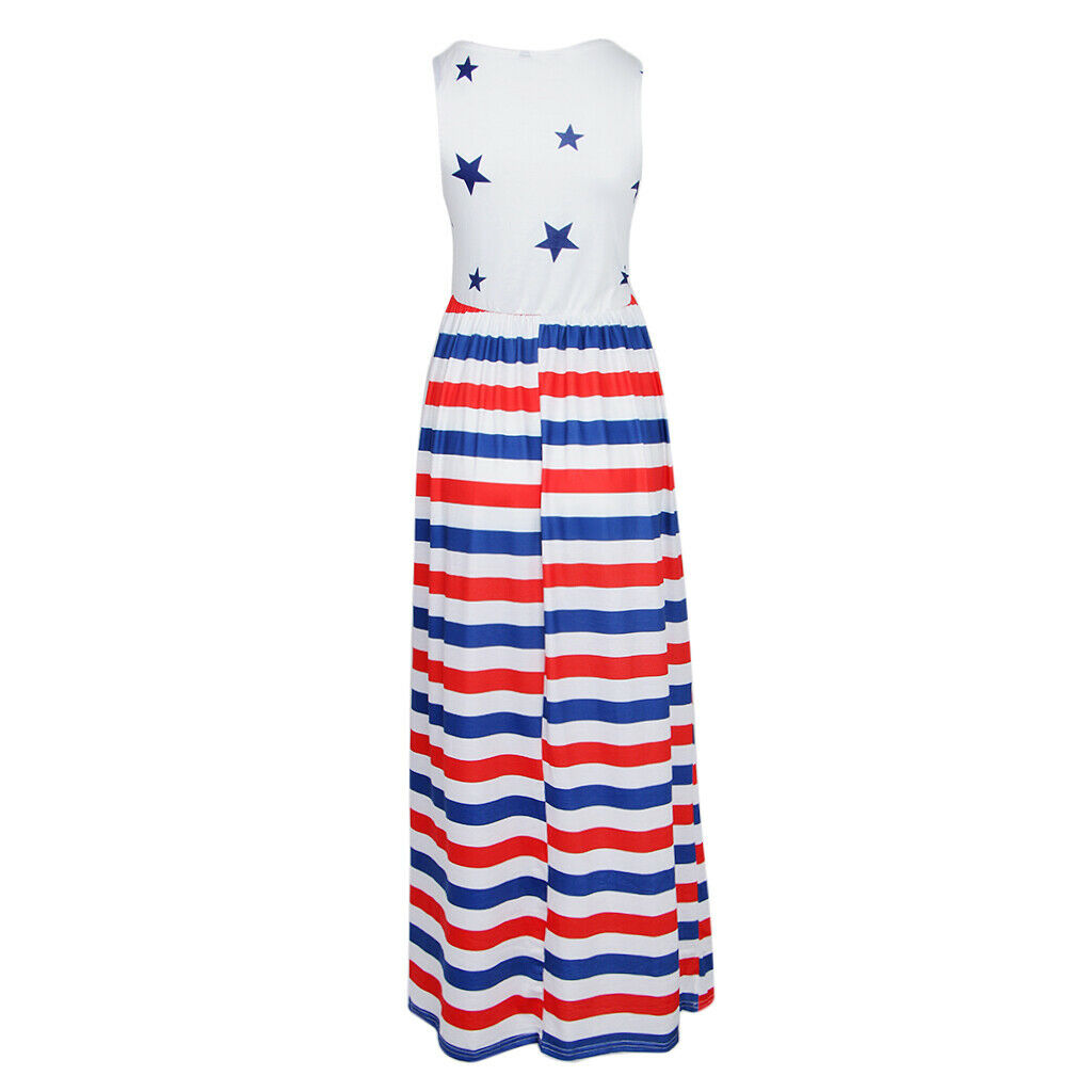 Women Casual Stars and Stripes Prints Sleeveless Maxi Tank Dress M Style 1