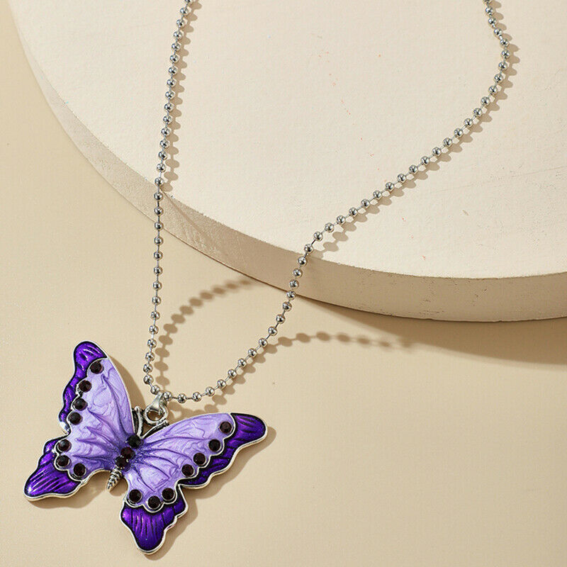New Fashion Women Purple Butterfly Pendant Bead Chain Choker Necklace Jew.l8
