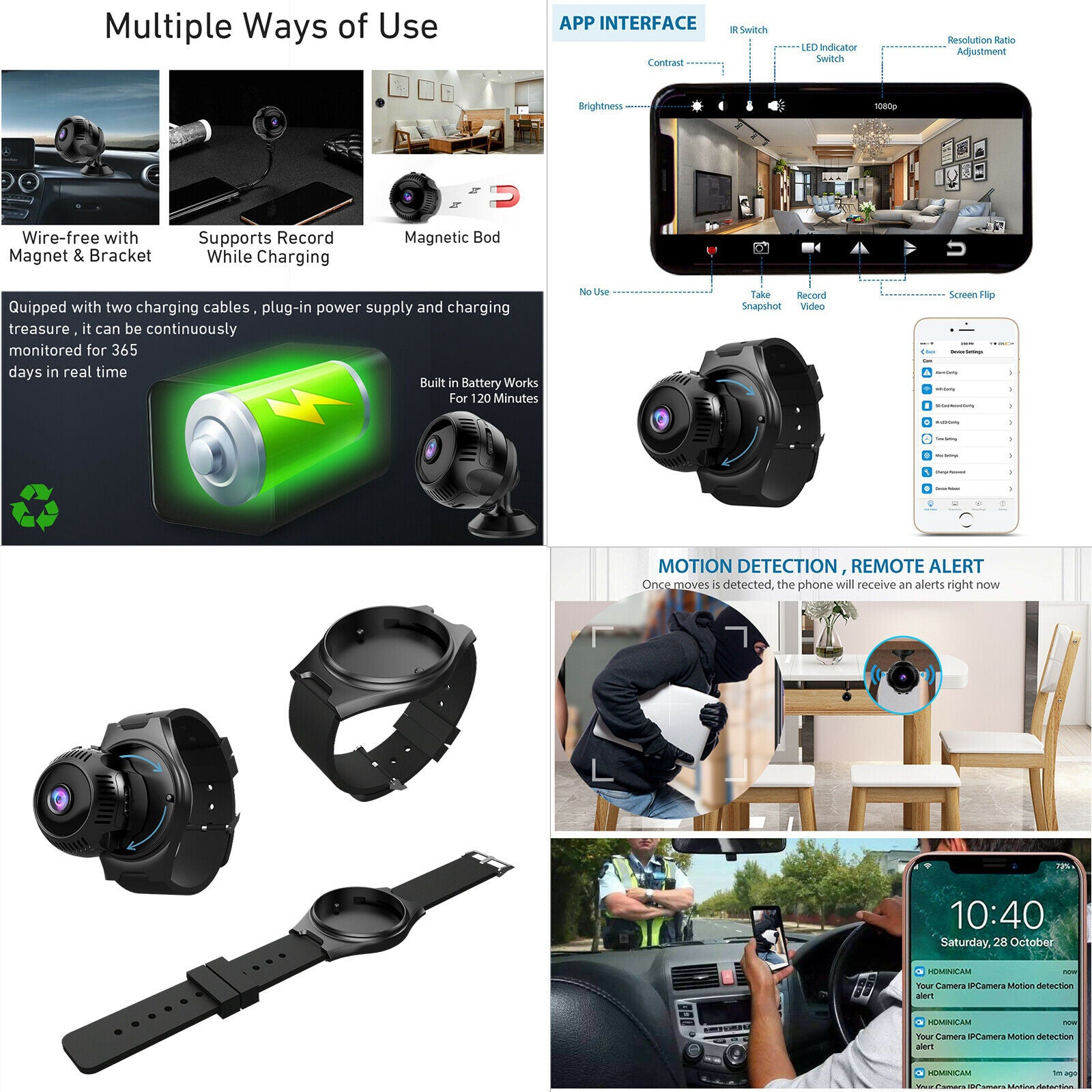 1080p Smart Watch Spy Camera Wearable Hidden Cam IP Security Video Camera