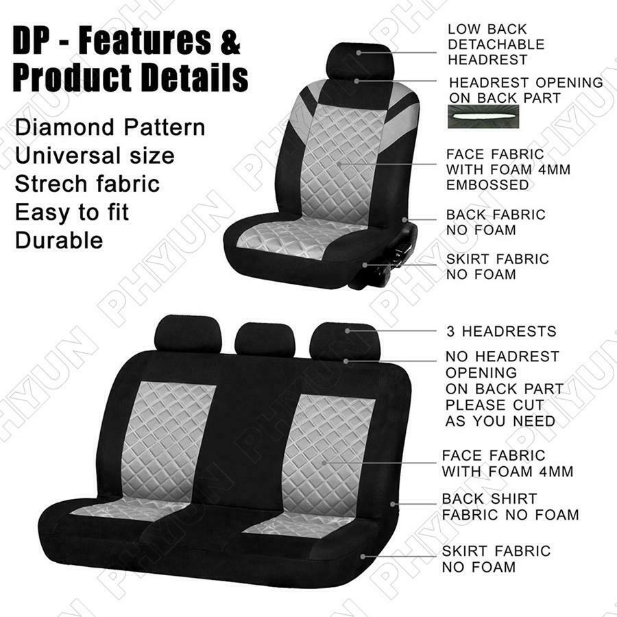 For 5-Seats Car Seat Covers Front & Rear Full Set Diamond Pattern Embossed Grey