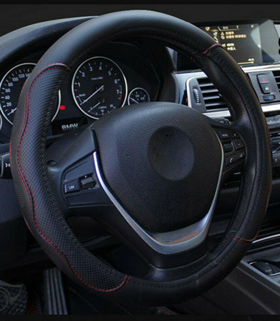 37-38cm PU Leather Auto Car Steering Wheel Cover Anti-Skid Protector Black & Red