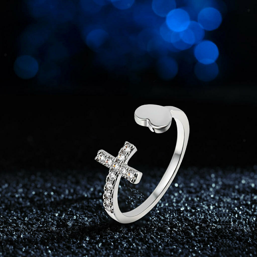 Cross Heart Rings Rhinestone Fashion Opening Rings Jewelry for Women Girls