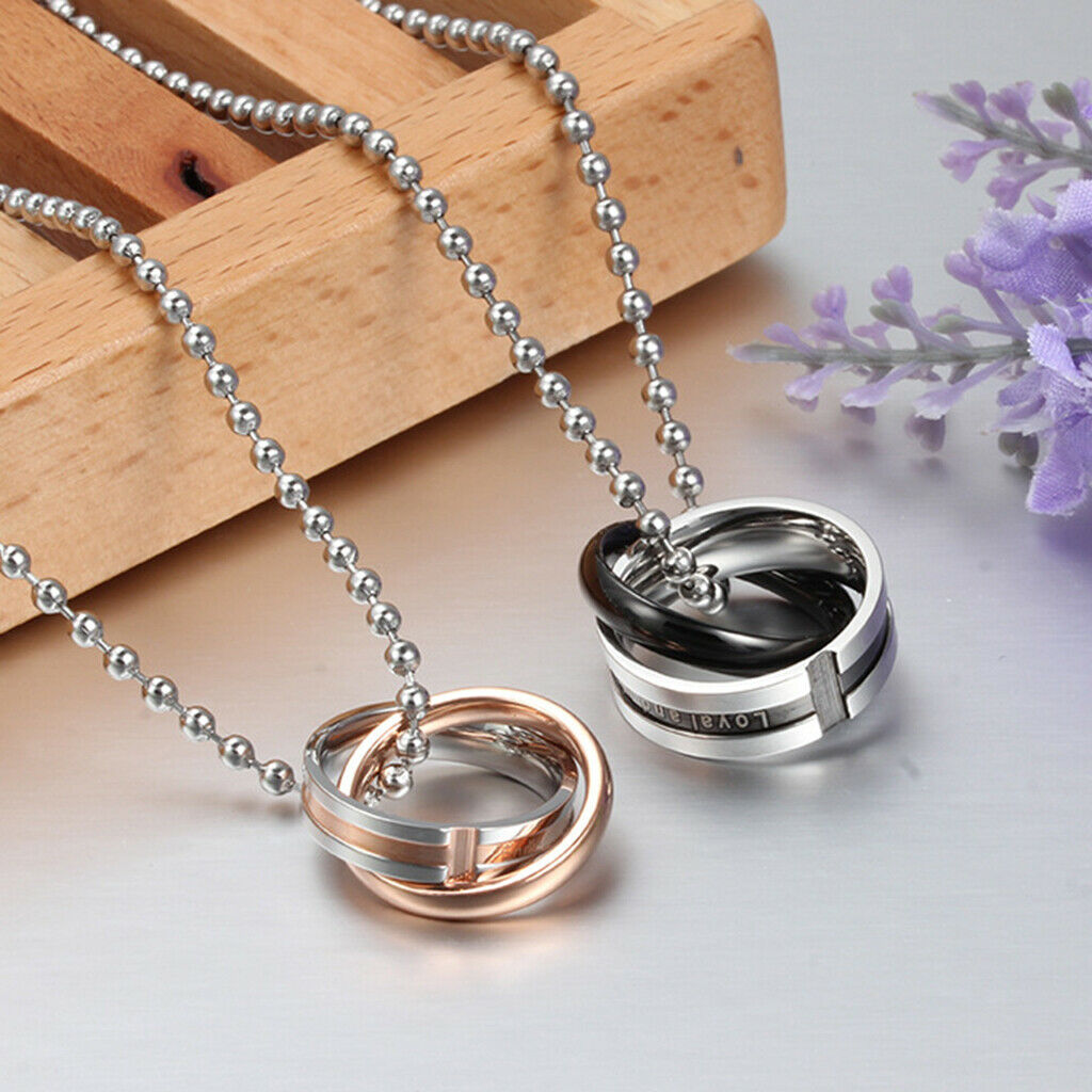 2 Pieces 316L Stainless Steel His Hers Double Ring Pendant Necklace Jewelry