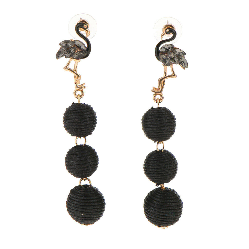 Womens Fashion Three Ball Tassel Drop Dangle Flamingo Earrings Black