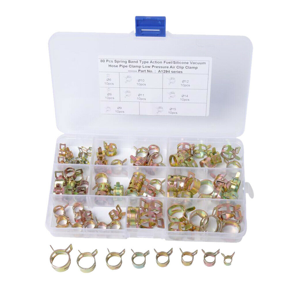 80pcs Fuel Hose Spring Clip Water Pipe Air Tube Clamp Fastener 6-15mm Solid