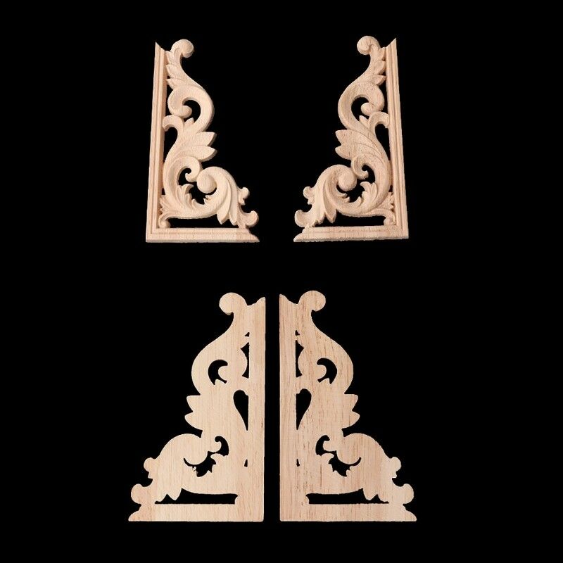 1Pair Wood Carved Corner Onlay Applique Frame Furniture Craft Unpainted Decor EE