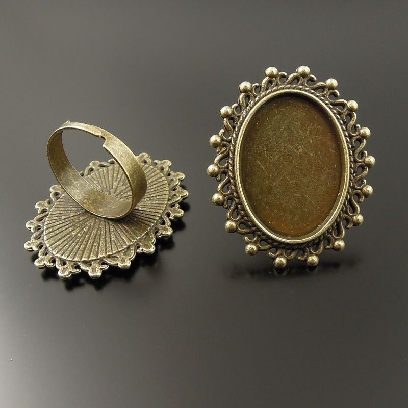 Retro Style Bronze Zinc Alloy Tray Cameo Setting Ring Adjustable 25*18mm 6pcs