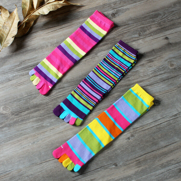 Womens Toe Socks 3 Pairs Cotton Rainbow Stripe Knee High Five Finger Socks Ankle