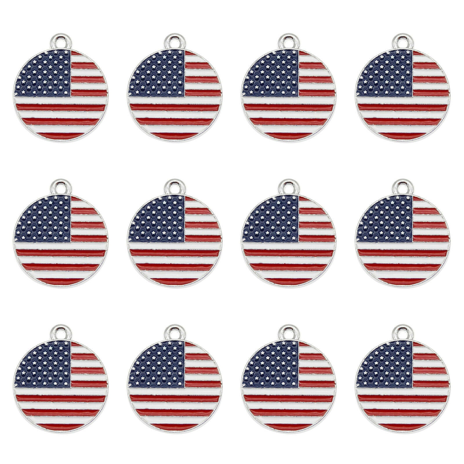8 pcs US Flag Charm Enamel Round Tag Pendant Keychain Making Alloy Crafts 23mm