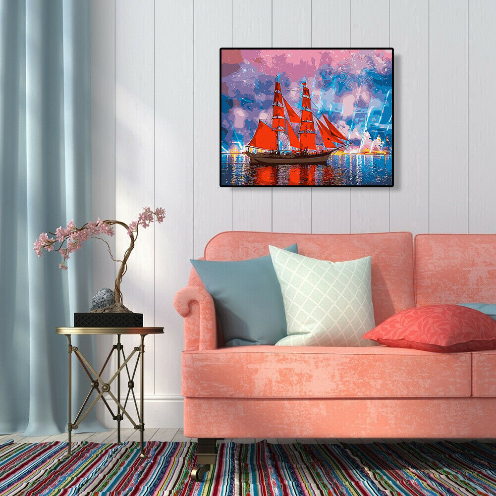 Oil Painting By Numbers Kit DIY Red Sailboat Hand Painted Digital Canvas @