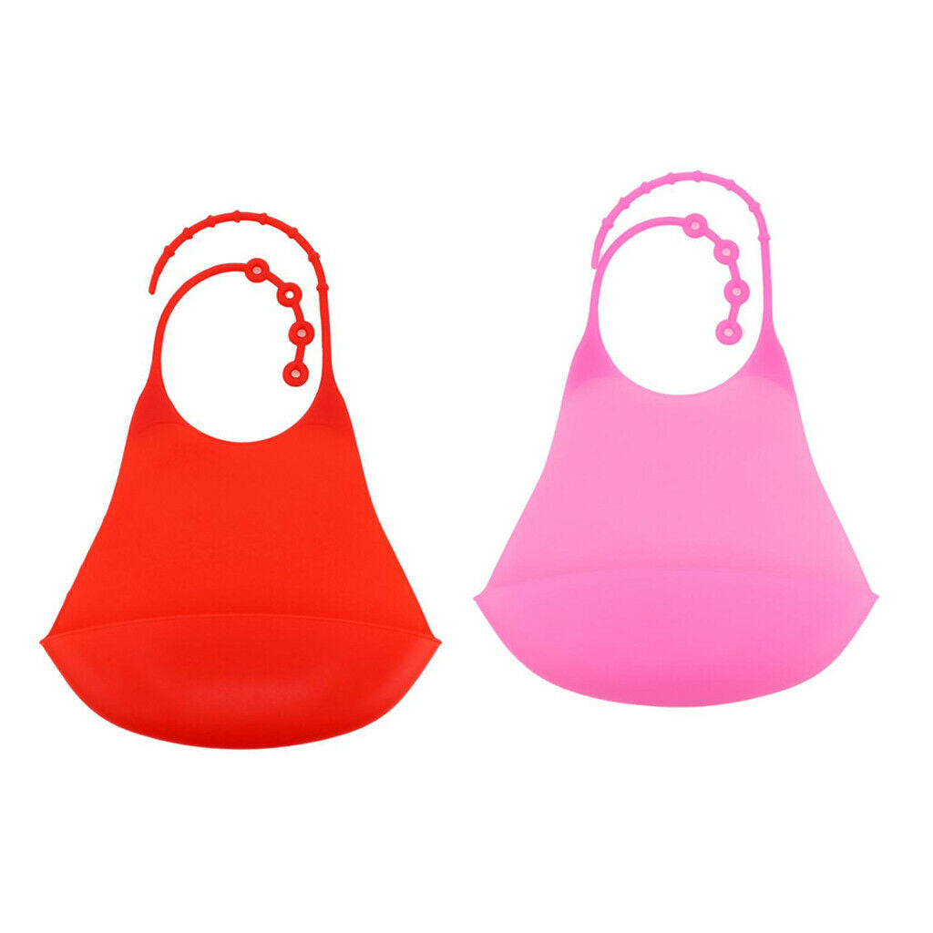 2 Pieces Adults Silicone Bib Clothing Protector w/Crumb Catcher Pink+Red