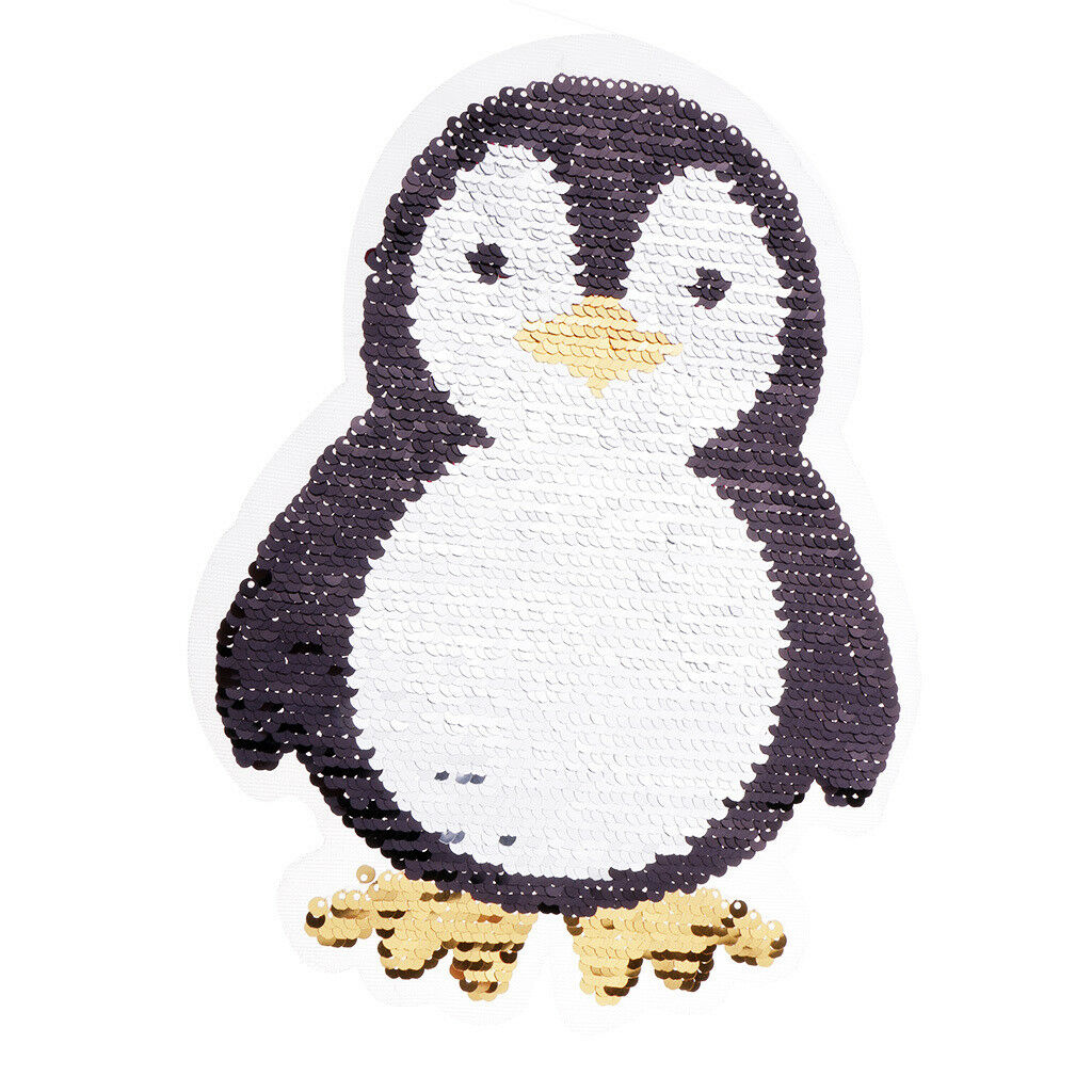 Lovely Cartoon Penguin Sequins Patch Applique Sew On Reversible Embroidered