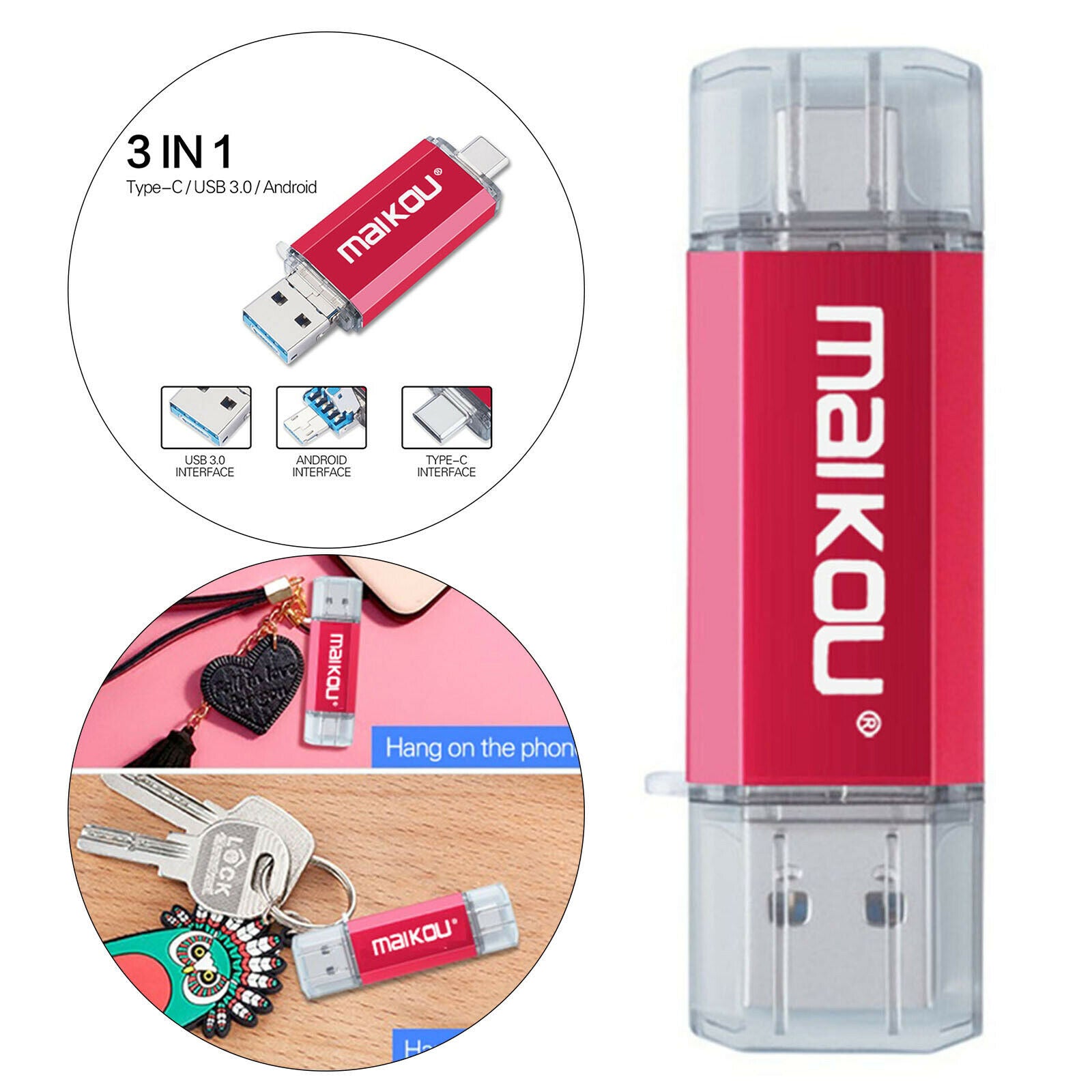64G USB Flash Drive Type-C&Micro USB Memory Stick for IOS/Android Red