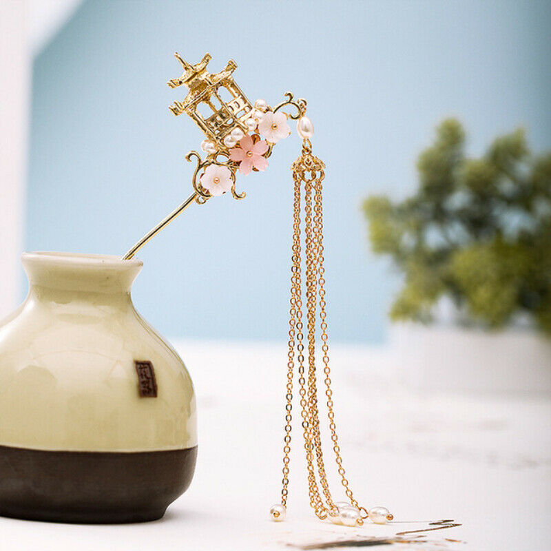 Chinese Hairpin Flower Pavilion Tassel Kanzashi Step Shake Hair Clip Fairy