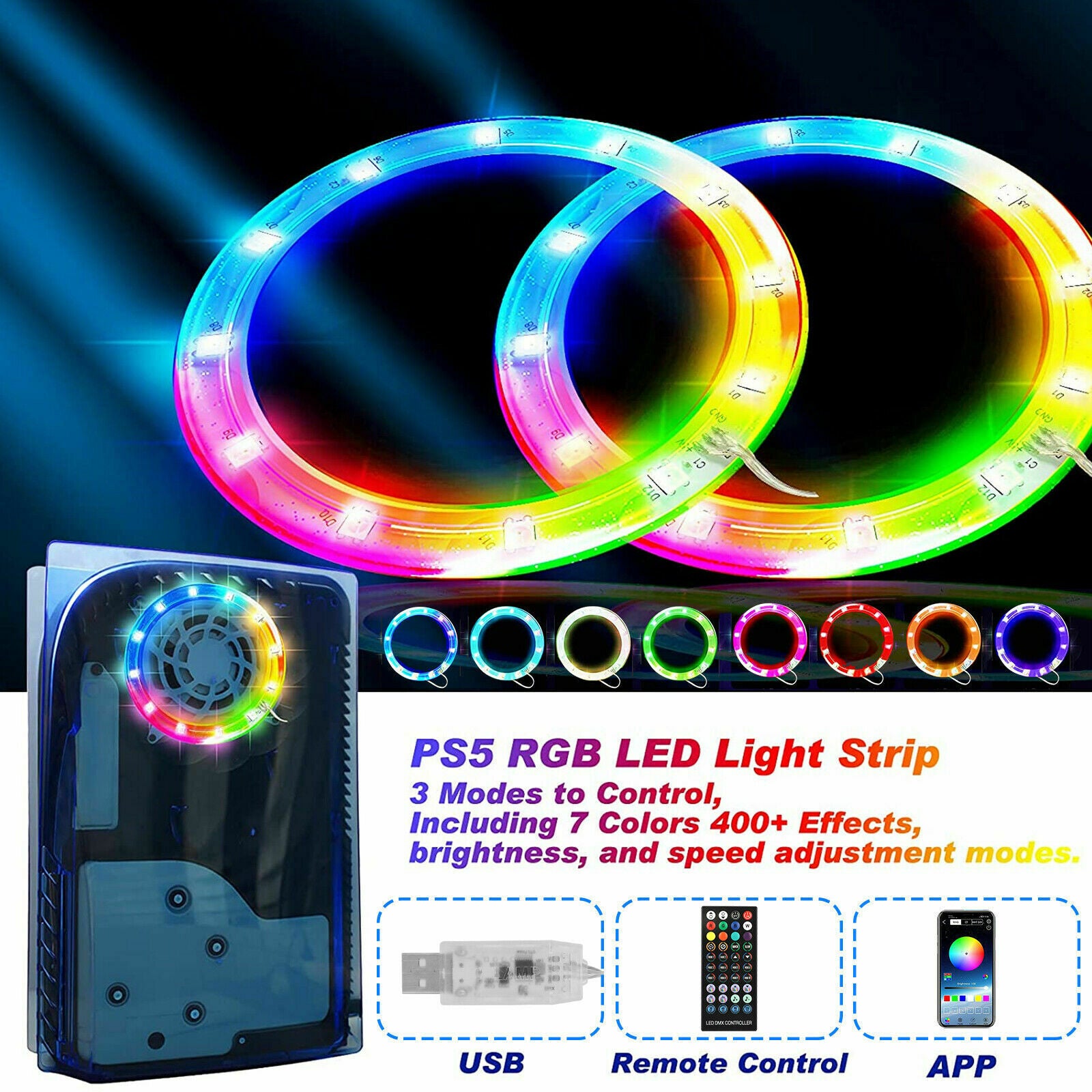 8 Colors LED Light Strip 5050 RGB Lights Sync Music 400 Effects for PS5 Console