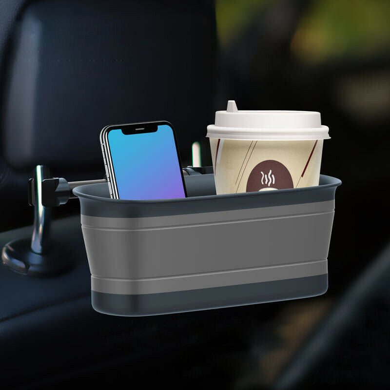 Car Seat Back Headrest Storage Box Pocket Folding Cup Holder Food Tray Trash Can