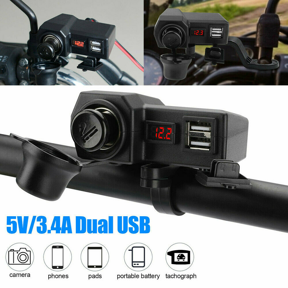 Waterproof Motorcycle Handlebar Dual USB Phone Quick Charger Voltmeter 10-24V