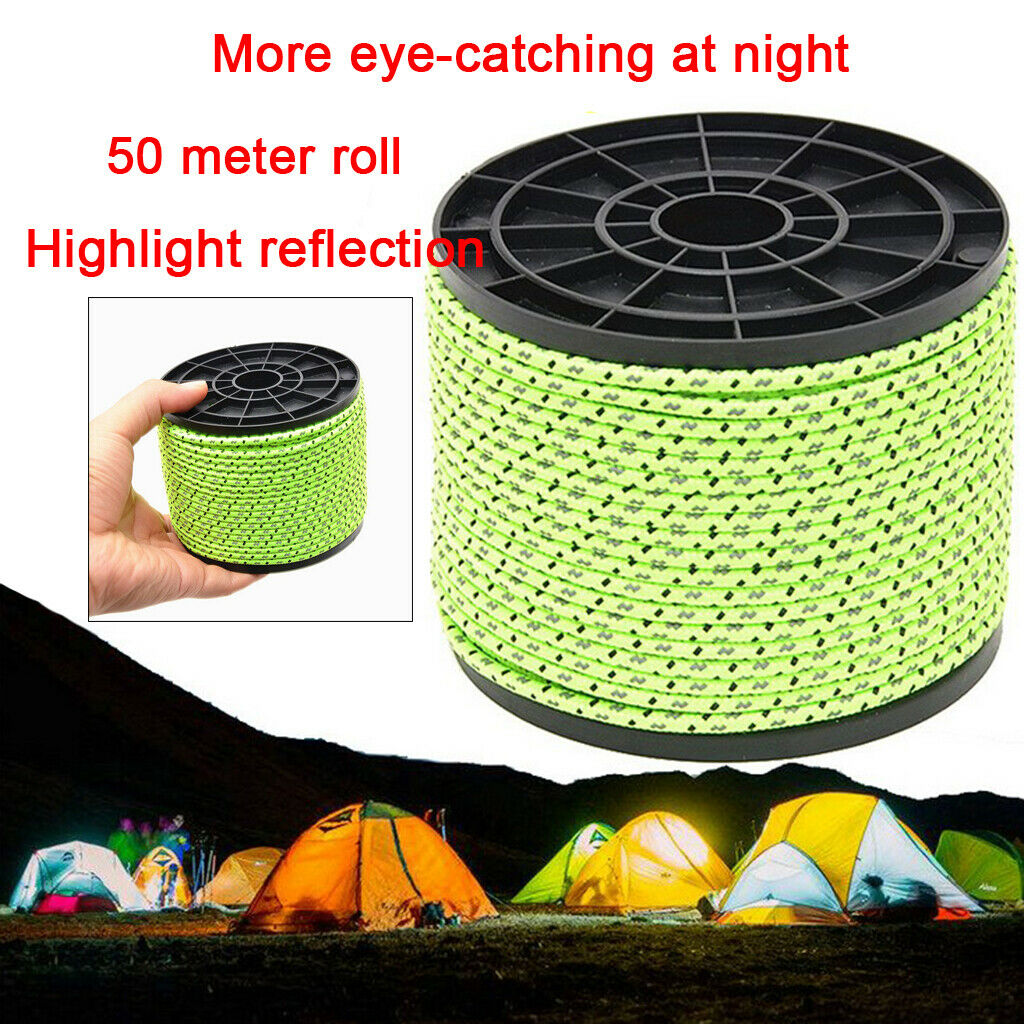 Reflective Canopy Tent Rope Guy Line Camping Cord Outdoor 50m Runner Guide Rope