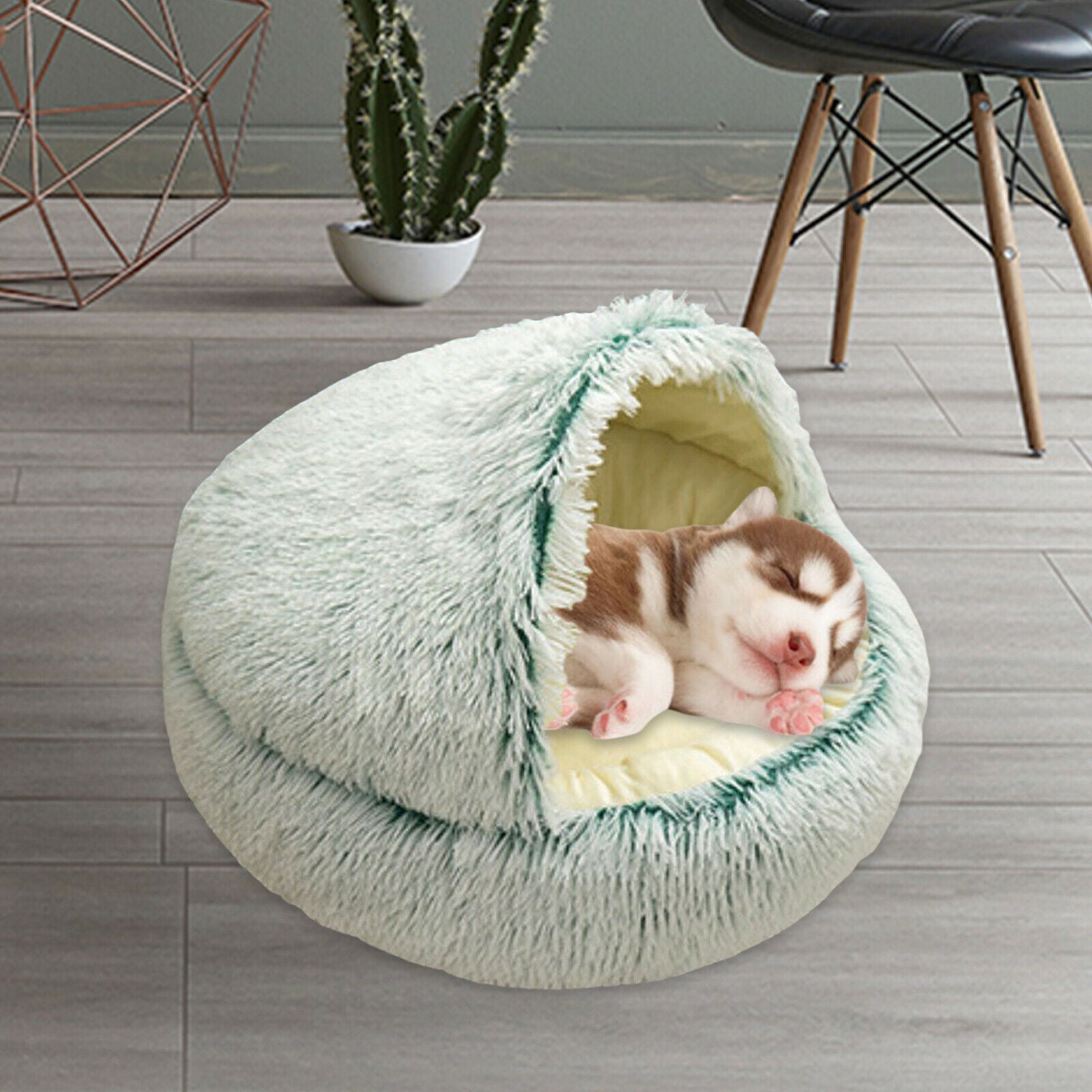 Round Plush Pet Dog Cat Bed Fluffy Warm Calming Sleeping Kennel 60cm Green