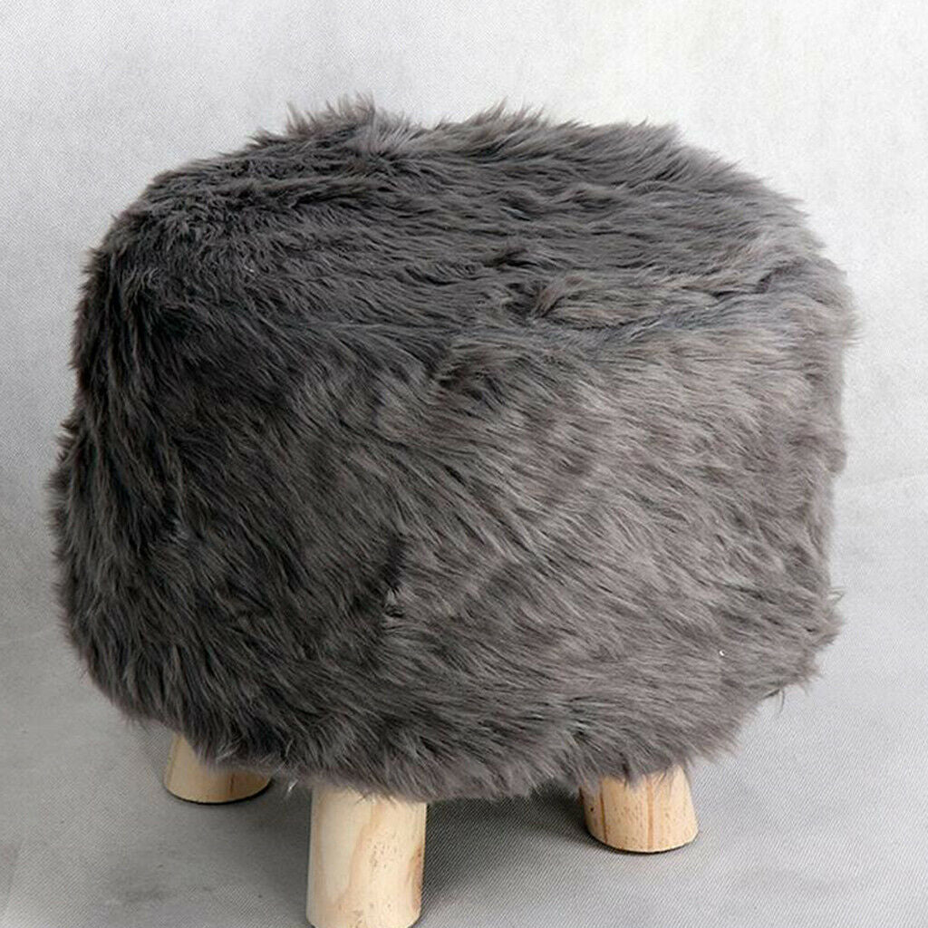 Soft Furry Round Footrest Stool Slip- Cover for Living Room 35cm Dia. Grey