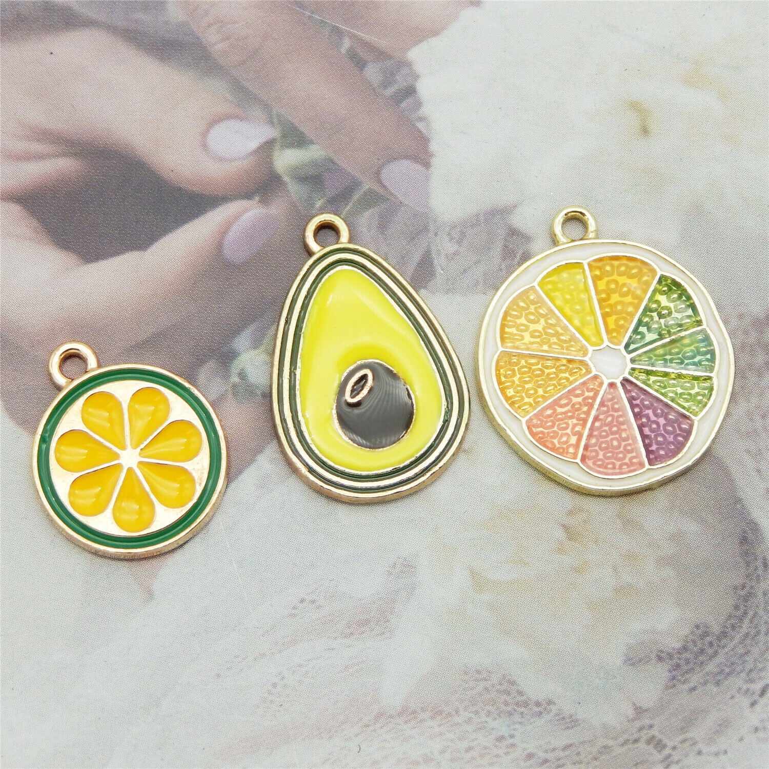 12 pcs Mix Lemon Orange Avocado Enamel Charm Alloy Fruit Slice Pendant Findings