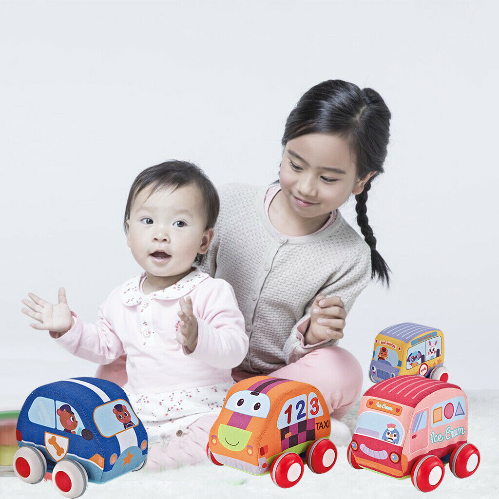 Set of 4 Soft Plush Pull Back Car Toys Mini for Toddlers Boy Girl Gifts