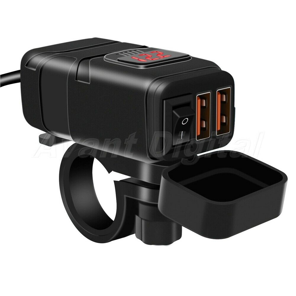 12V Motorcycle SAE to QC3.0 Dual USB Quick Charger With LED Voltmeter & Switch
