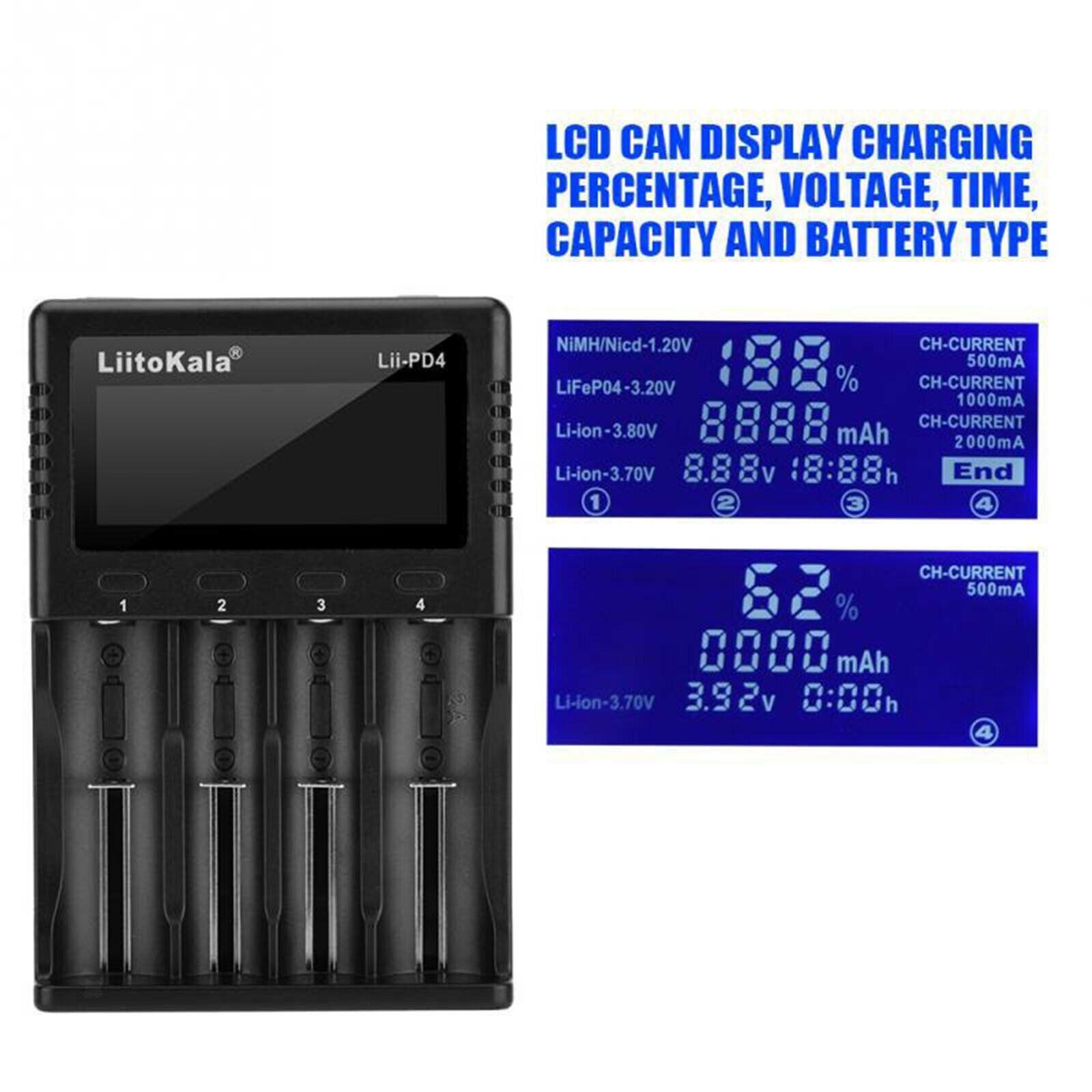 Lii-PD4 4 Slots Smart Lithium Nimh Battery Charger for 26650/21700 Premium