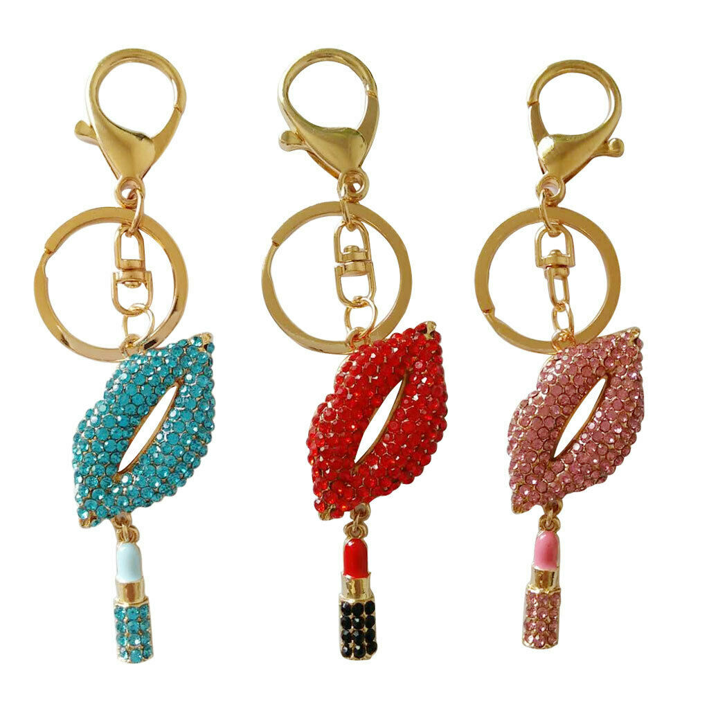 Lips Lipstick Rhinestone Pendant Keychain Women Gift Accessories Red