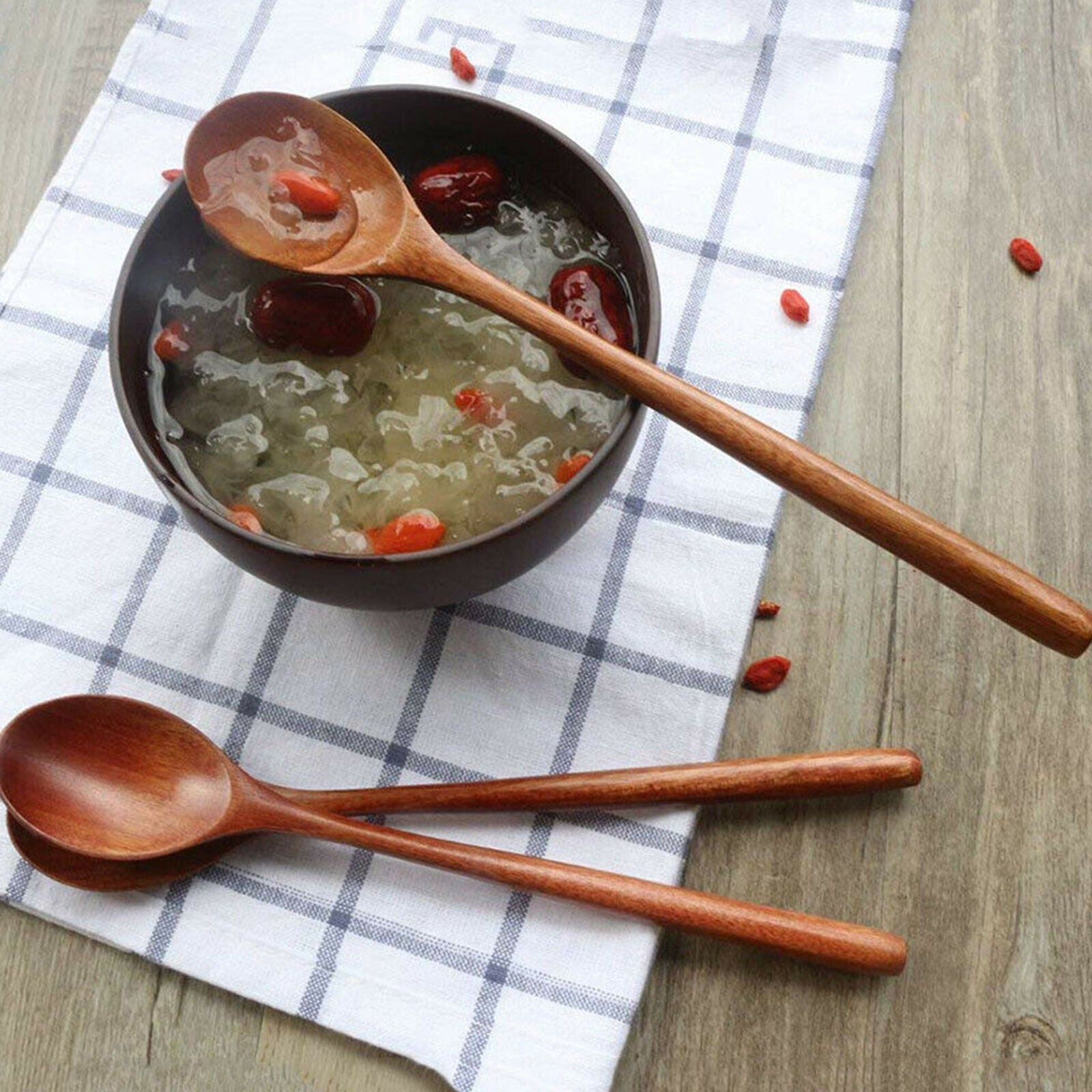 6Pcs NEW Wooden Spoon Kitchen Spices Natural Wood Long Handle Eating Spoons Set