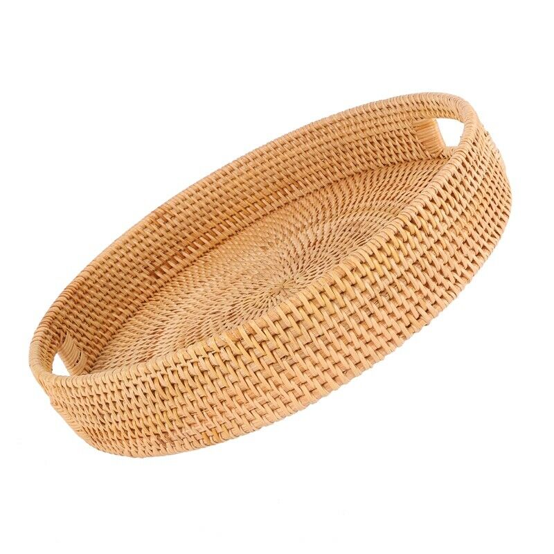 Rattan Handwoven Round High Wall Seve Tray Food Storage Platters Plate over HaE4