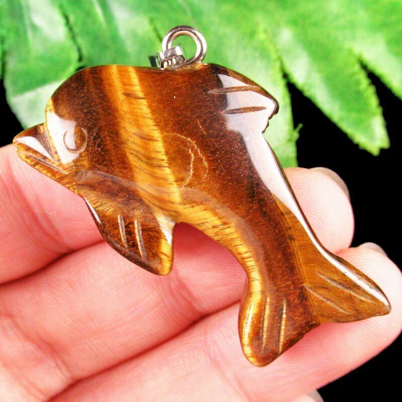2pcs Carved Natural Yellow Tiger Eye Gem Dolphin Pendant 45x26x10mm A-450DP