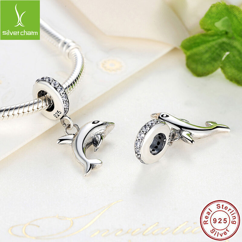 Women Girls Naughty Playful Dolphin Clear CZ Bead 925 Charm For Christmas Gift