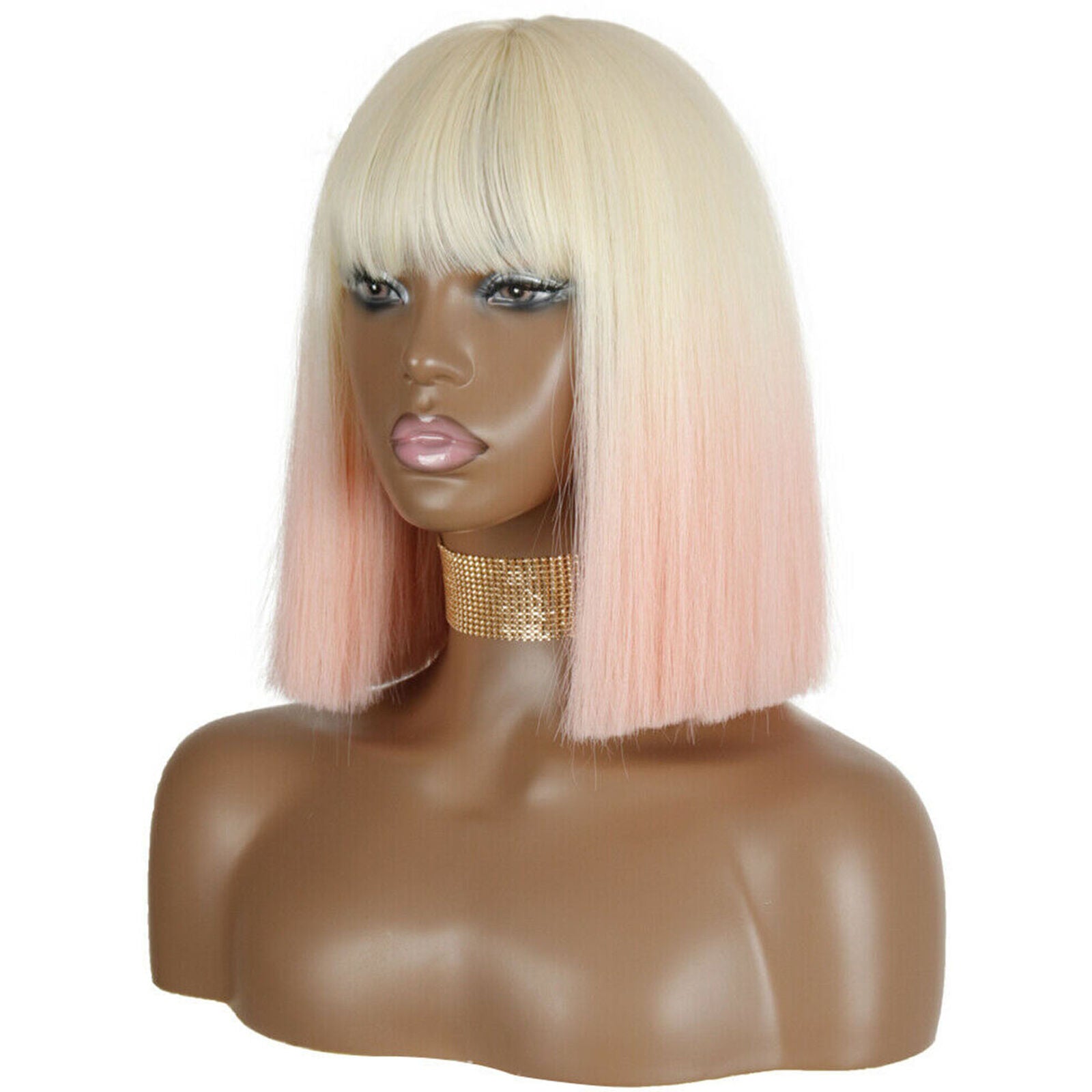 Fashion Short Straight Bob Wig Ombre White Blonde Pink with Bangs Synthetic Hair