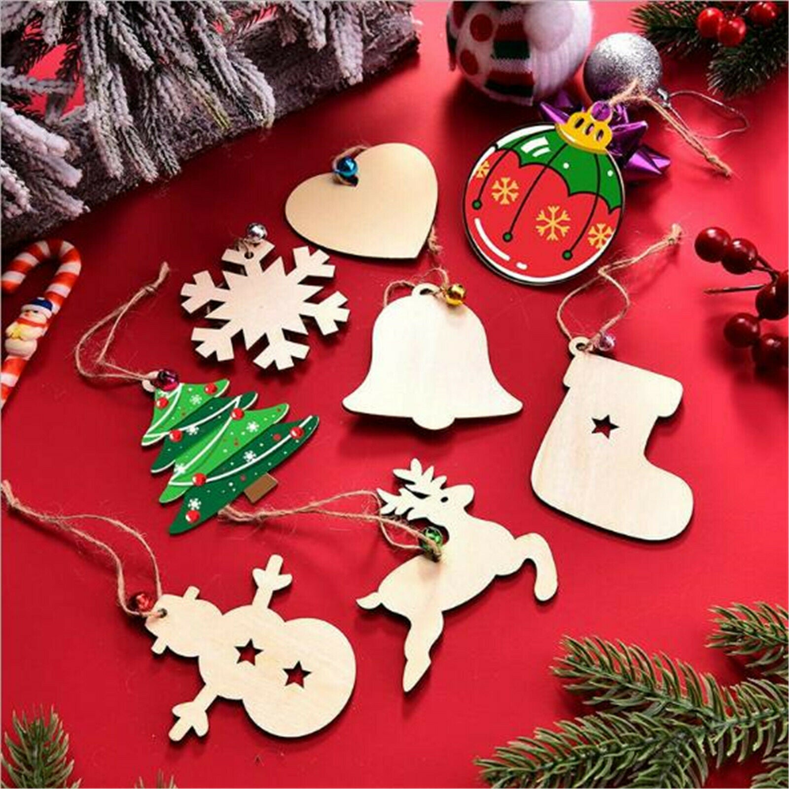 40PCS Mixed Christmas Wood Tree Deer Snowman Hanging Xmas Tree Decor Ornament