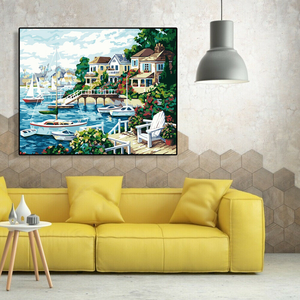 DIY Painting By Number Kit Modern Sea Houses Wall Decor Canvas Coloring Art @