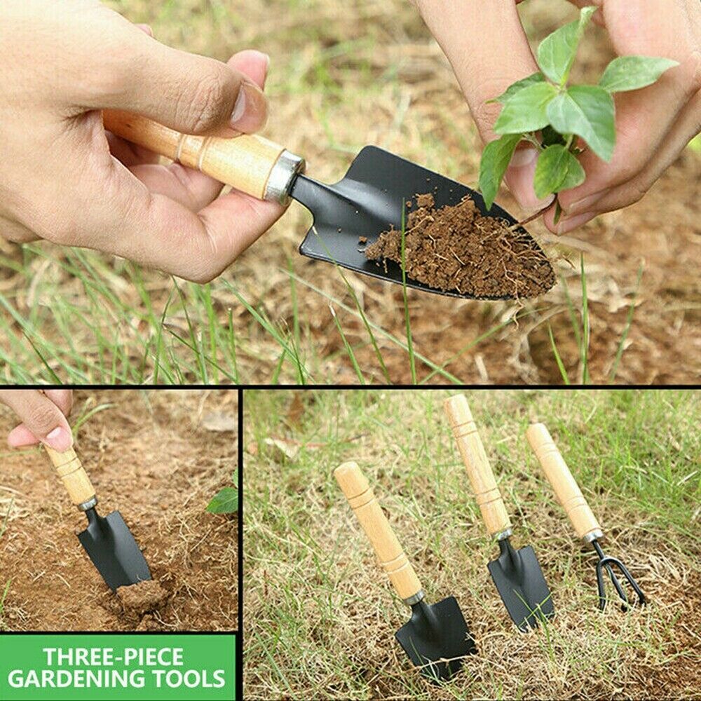 3x Wood Gardening Hand Tool Mini Cultivator Garden Plants Shovel Set Fork Trowel