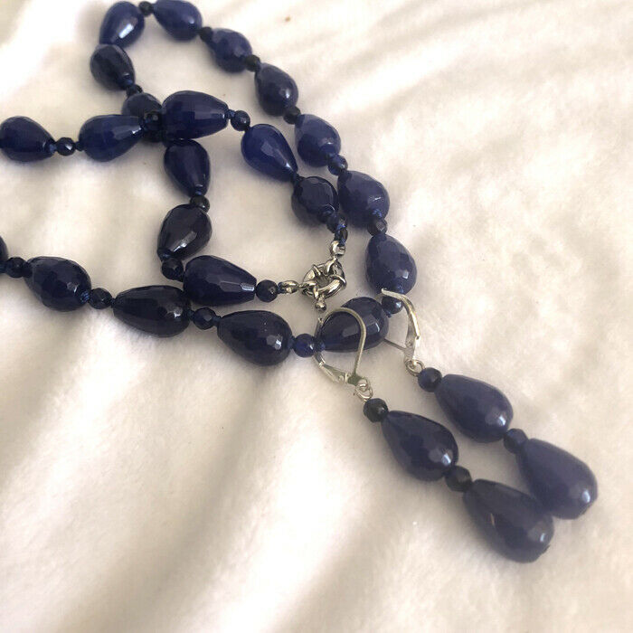 New10x14mm Water Drop Faceted Blue Sapphire Beaded Necklace and Earring Set A+