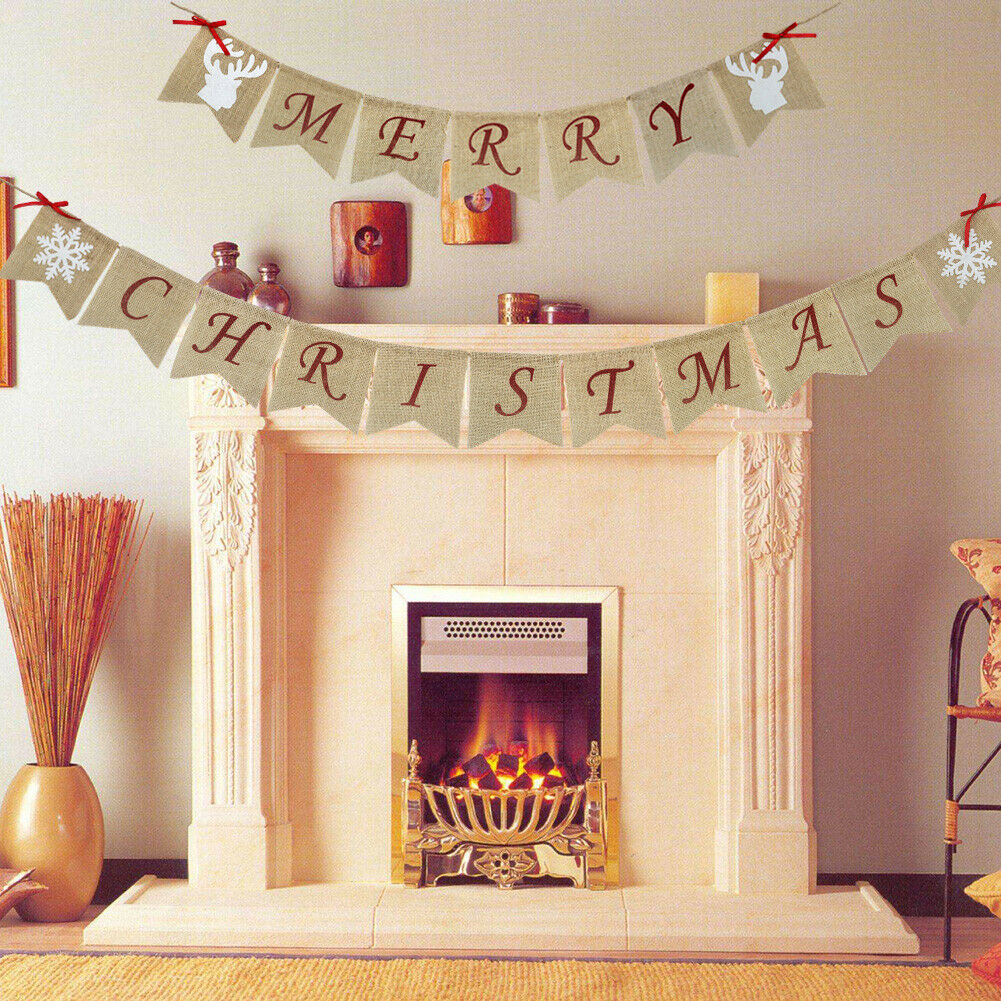 Merry Christmas Letters Banners Linen Hanging Flags Xmas Bunting Garland @