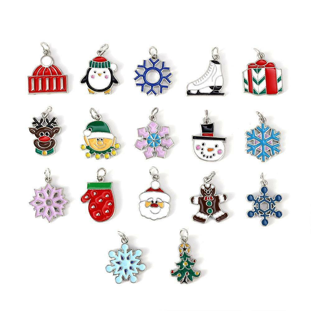 17Pcs Mixed Assorted Xmas Tree Bell Gift Alloy Enamel Charms Pendants Crafts