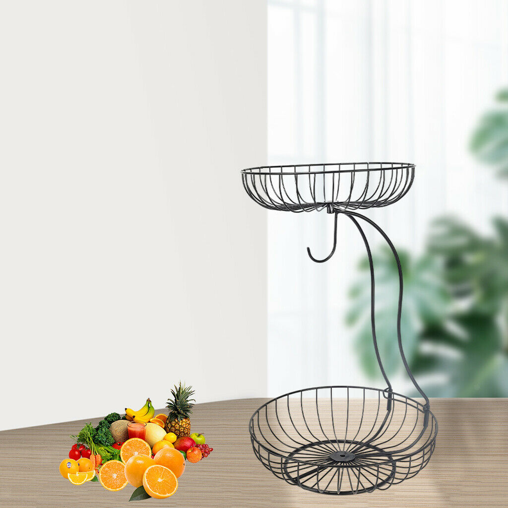 Iron Art Round 2-Tier Fruit Basket Holder Bowl Countertop Storage Rack Black