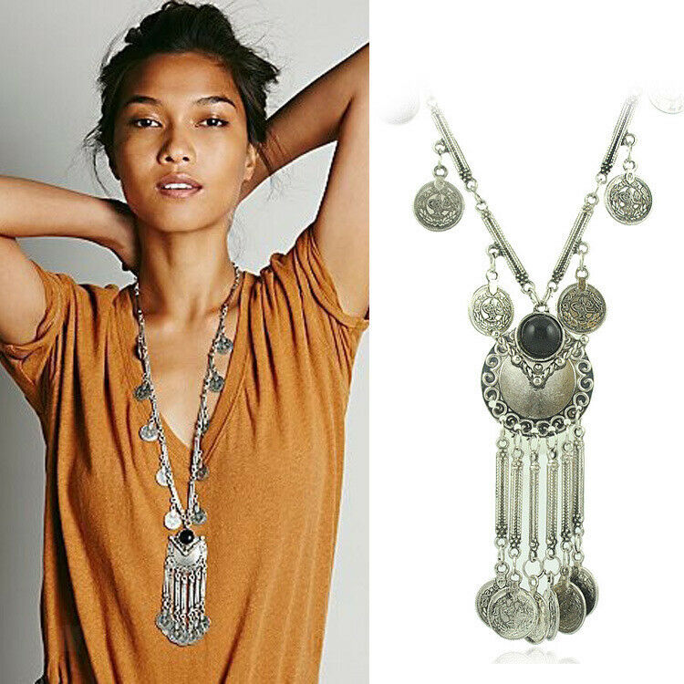 Ethnic Tribal Boho Beads Coin Fringe Belly Dance Bohemian Pendant Necklace