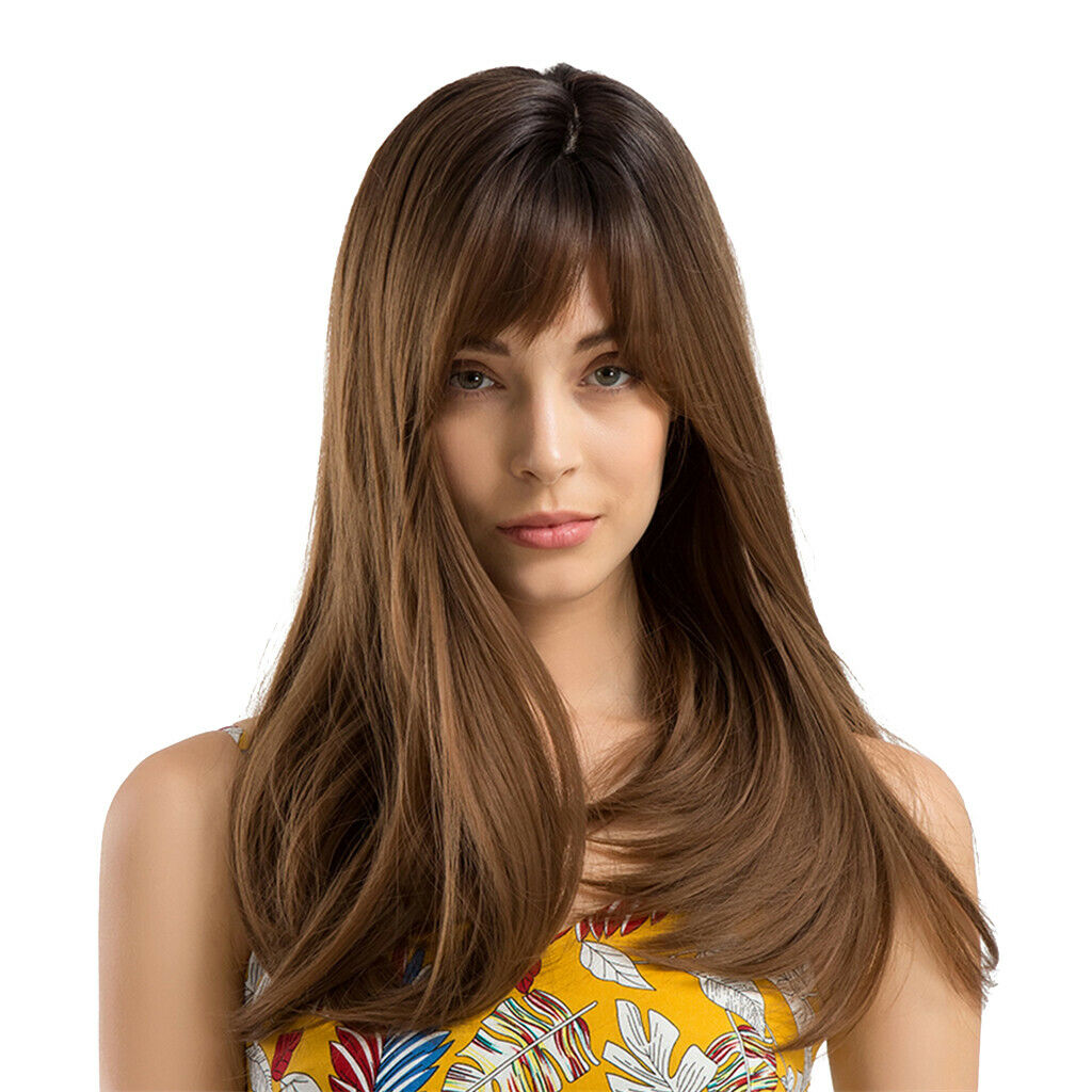 Women Long Wavy Curly Wig Natural Realistic Synthetic Wigs 45cm With Bangs