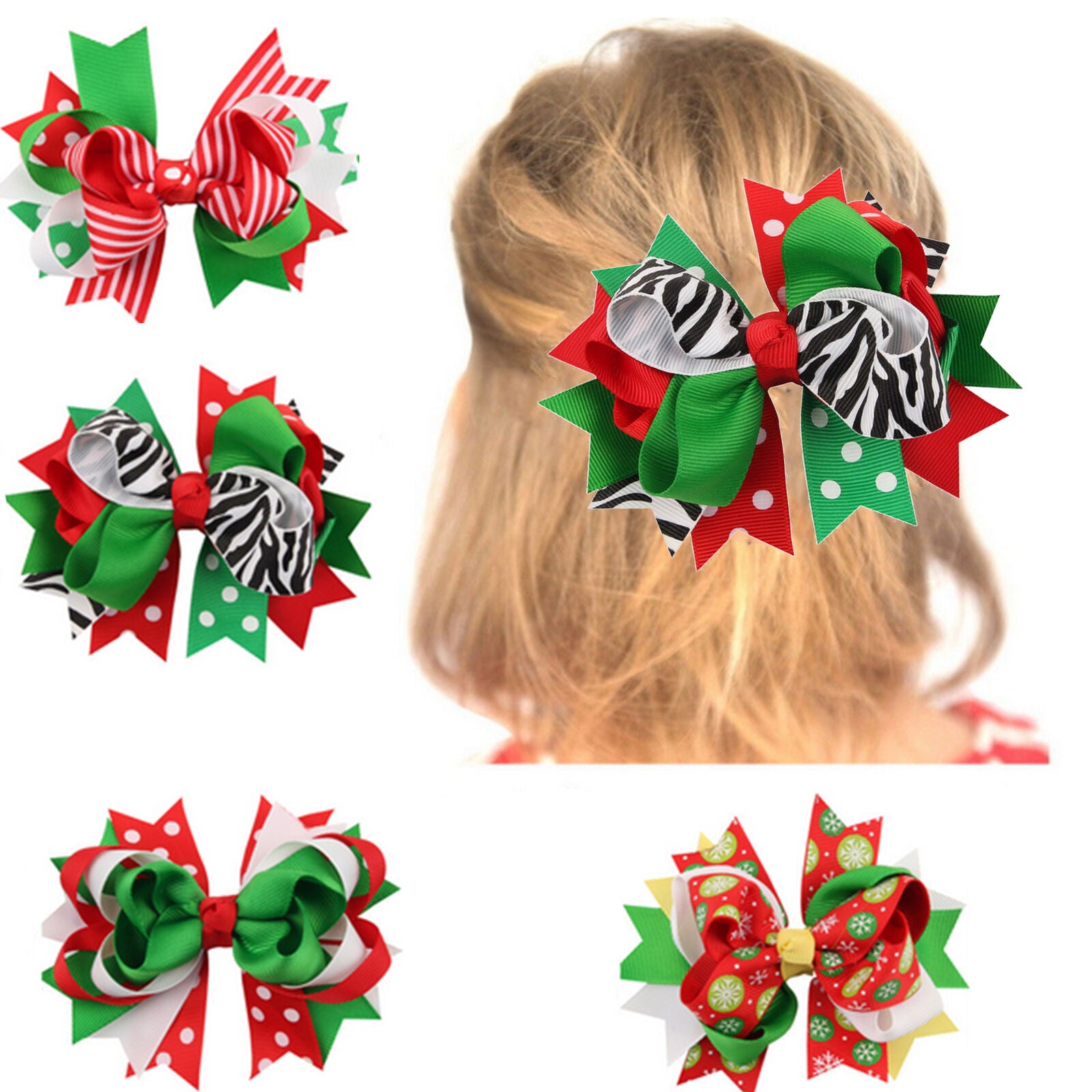 9Pcs x Girl Hair Bows Clip Girl Christmas Holiday Snowflake Ribbon Hairpin Gifts