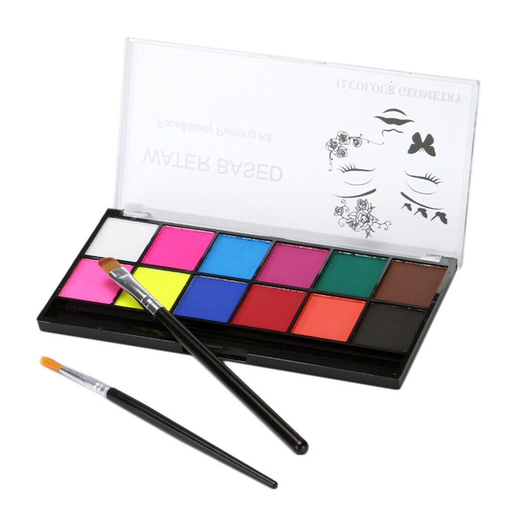 Water Based Face Body Paint 12Colors Halloween Party Fancy Make Up W/ 2Pcs Brush
