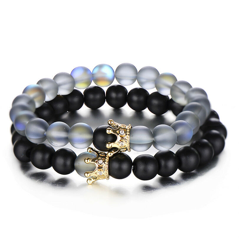 Luxury Couple His And Hers Distance Bracelets Moonstone Beads CZ Crown Lovers