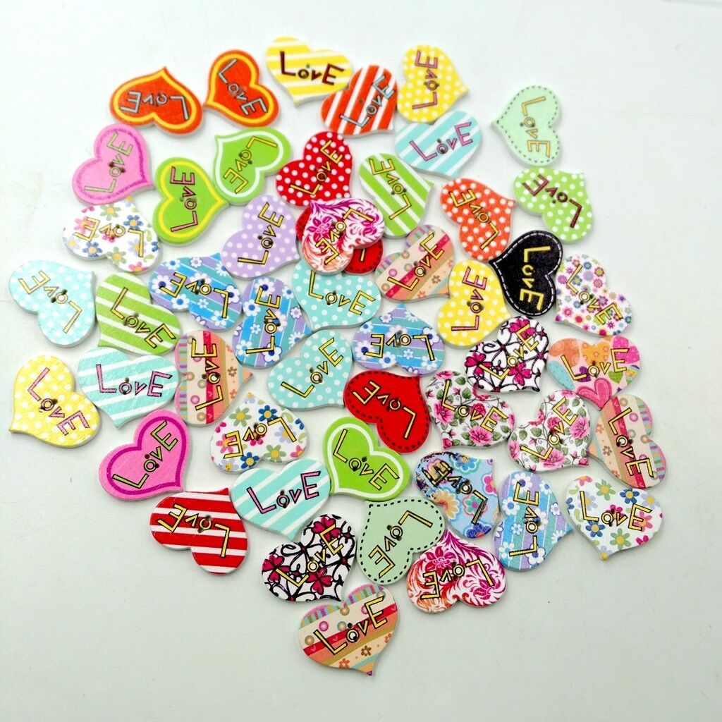 50x Love Heart Shape Flatback Wooden Buttons Scrapbooking Embellishment 25mm
