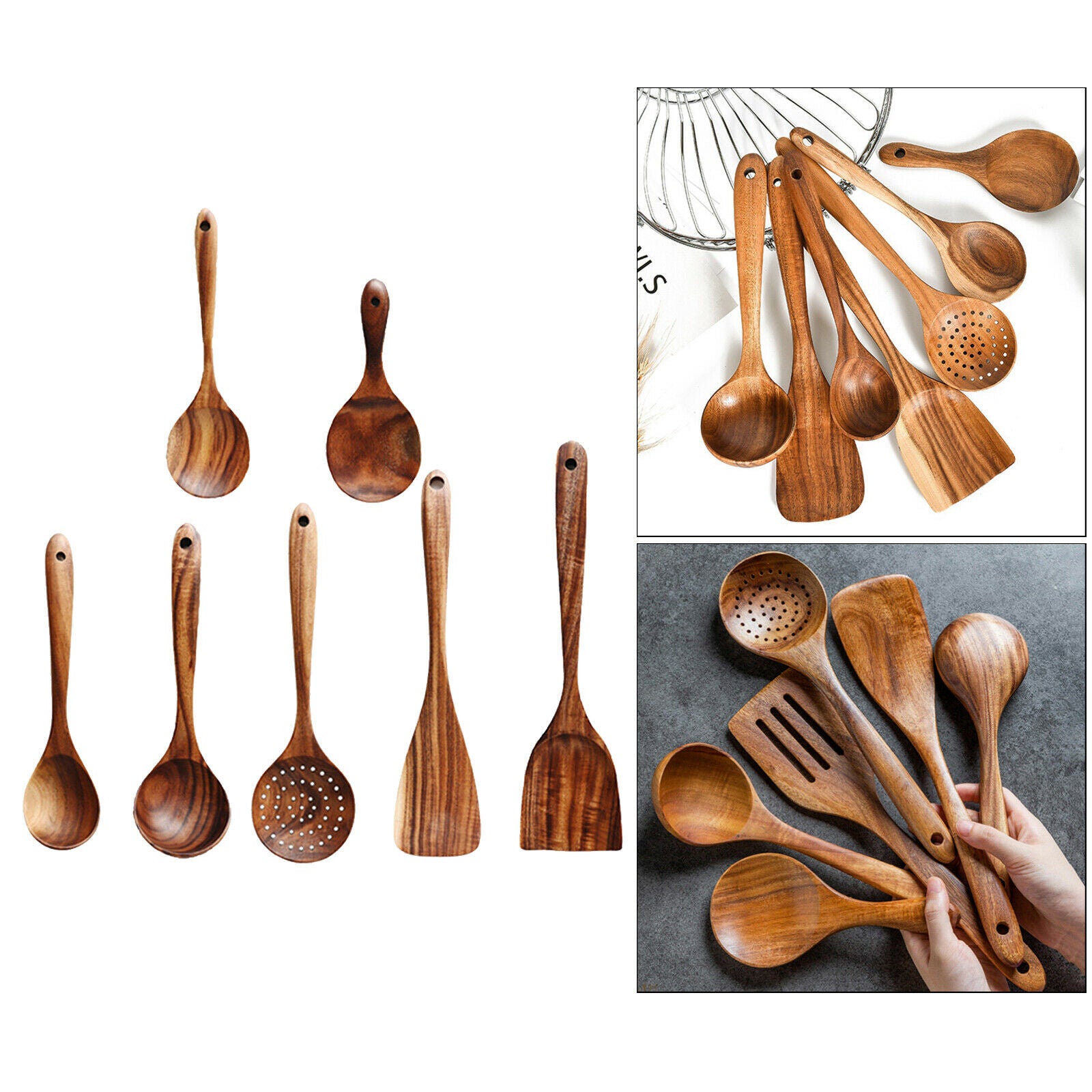 7x Wooden Cooking Utensils Set Colander Spoon Spatulas Tableware Accessories